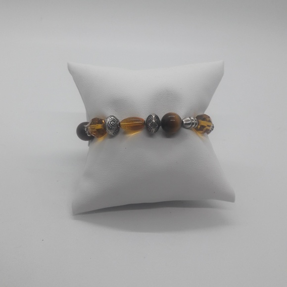 Orange, gold, brown, sterling silver beaded bracel - Picture 2 of 5